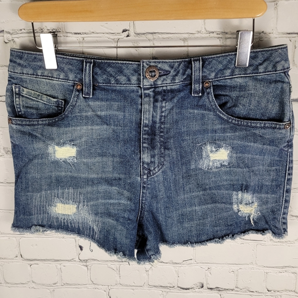 VOLCOM | Stix hi-rise high waist distressed denim frayed hem jean shorts